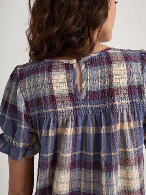 Marine Layer Elena Top Smocked Purple Plaid sz XS nwot